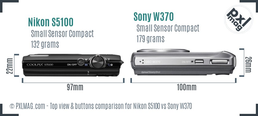 Nikon S5100 vs Sony W370 top view buttons comparison