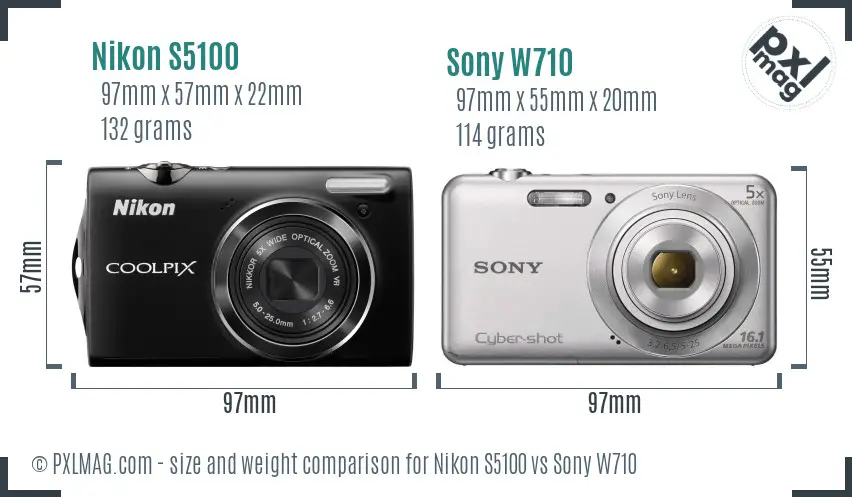 Nikon S5100 vs Sony W710 size comparison