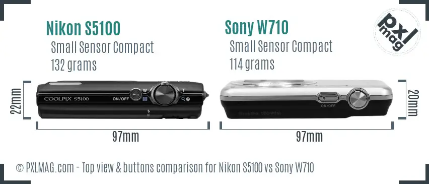 Nikon S5100 vs Sony W710 top view buttons comparison