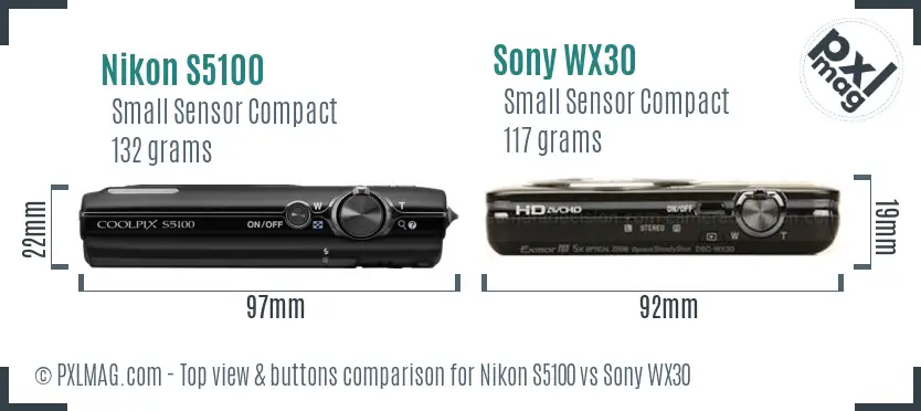 Nikon S5100 vs Sony WX30 top view buttons comparison