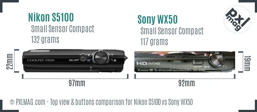 Nikon S5100 vs Sony WX50 top view buttons comparison