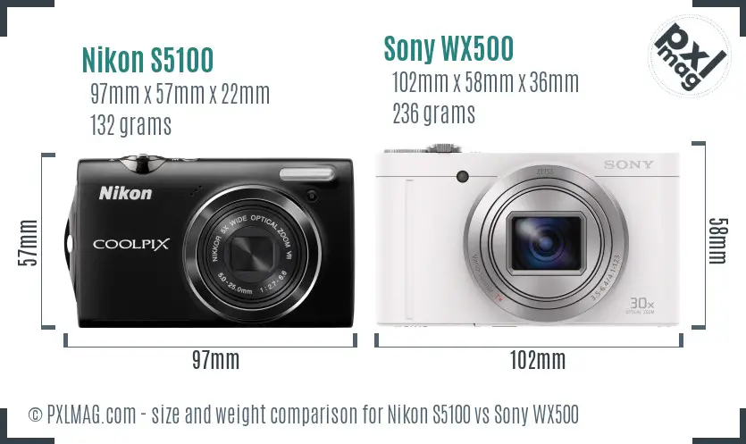 Nikon S5100 vs Sony WX500 size comparison