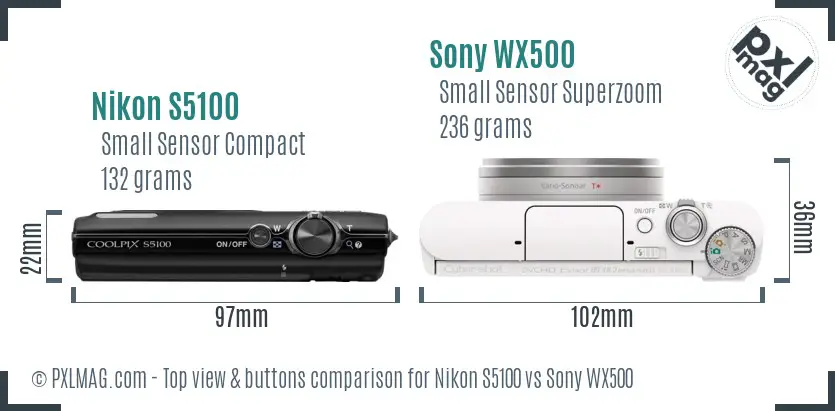 Nikon S5100 vs Sony WX500 top view buttons comparison