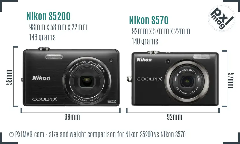 Nikon S5200 vs Nikon S570 size comparison