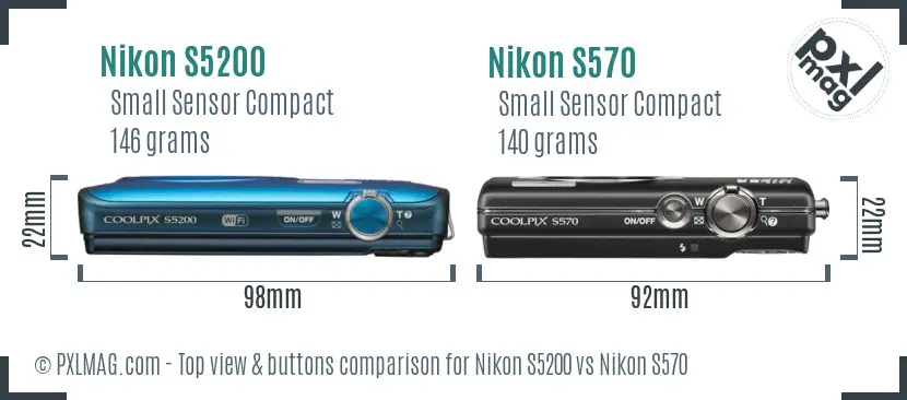 Nikon S5200 vs Nikon S570 top view buttons comparison