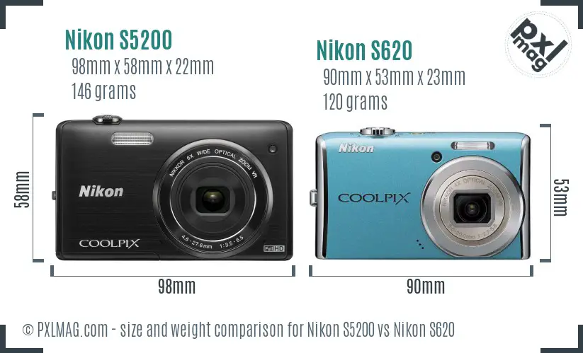 Nikon S5200 vs Nikon S620 size comparison