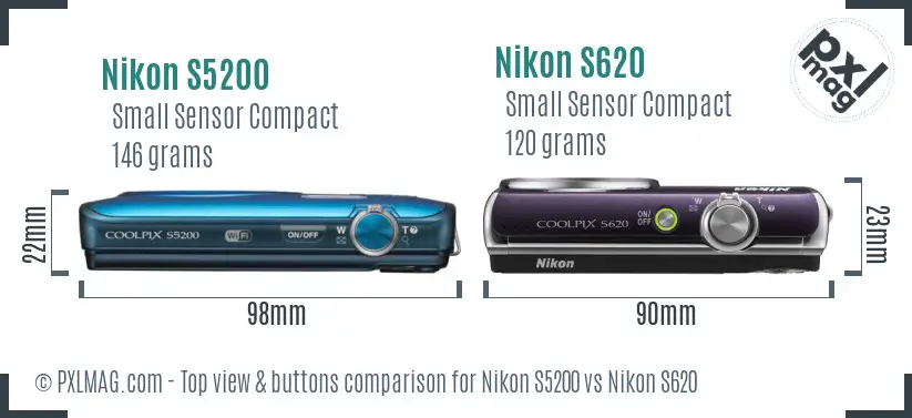 Nikon S5200 vs Nikon S620 top view buttons comparison