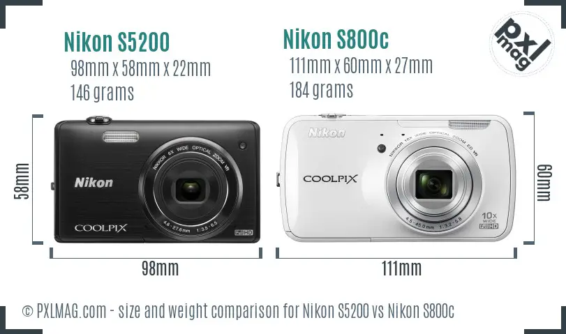 Nikon S5200 vs Nikon S800c size comparison