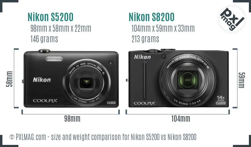 Nikon S5200 vs Nikon S8200 size comparison