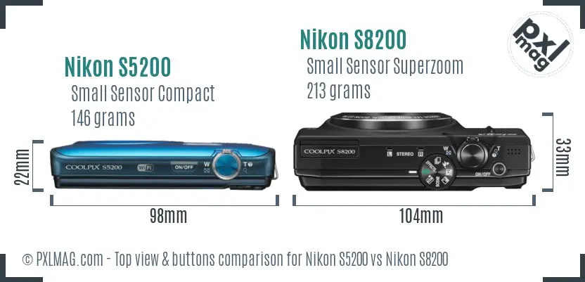 Nikon S5200 vs Nikon S8200 top view buttons comparison