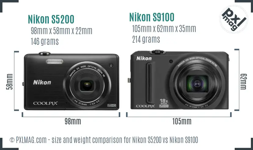 Nikon S5200 vs Nikon S9100 size comparison