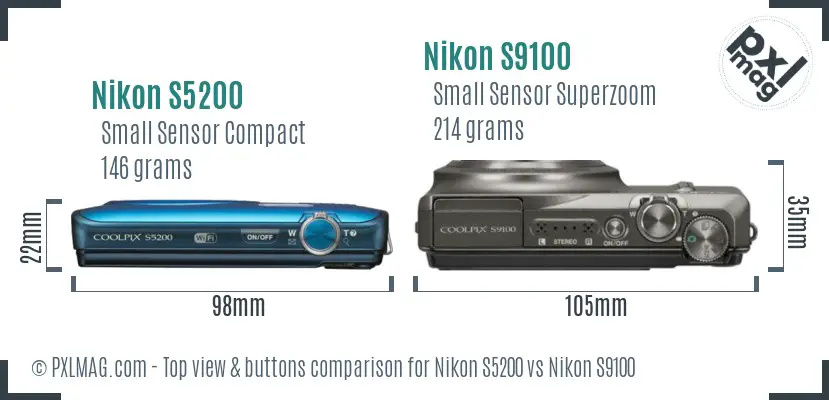 Nikon S5200 vs Nikon S9100 top view buttons comparison