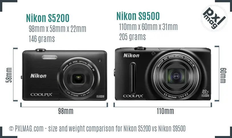 Nikon S5200 vs Nikon S9500 size comparison