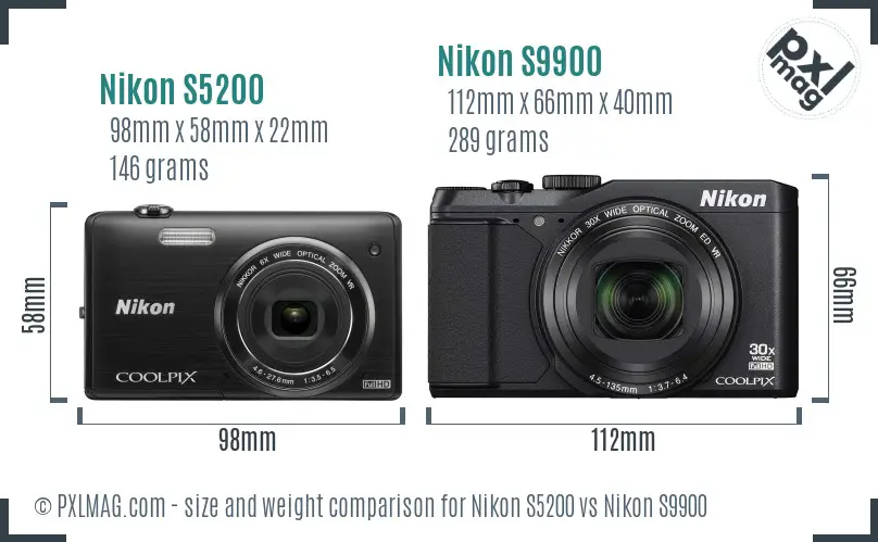 Nikon S5200 vs Nikon S9900 size comparison