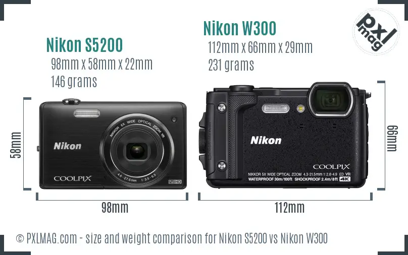 Nikon S5200 vs Nikon W300 size comparison