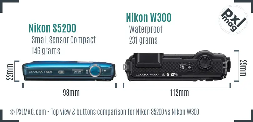 Nikon S5200 vs Nikon W300 top view buttons comparison