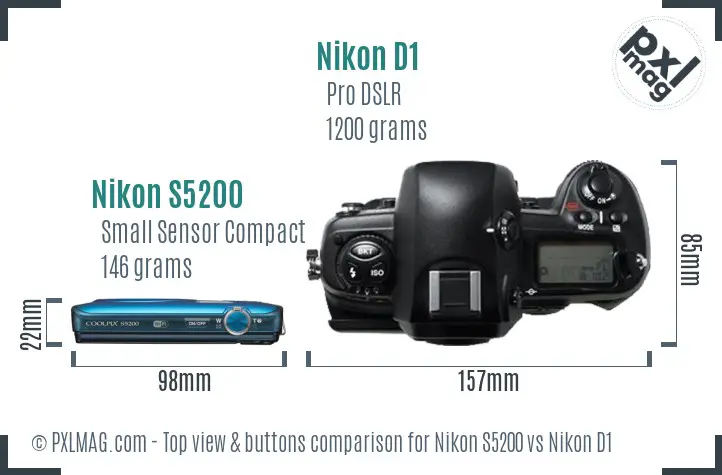 Nikon S5200 vs Nikon D1 top view buttons comparison