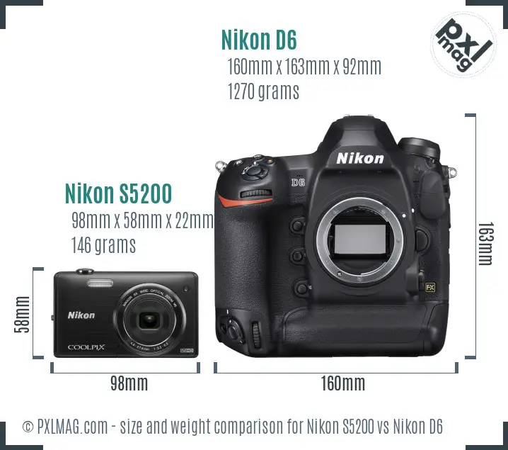Nikon S5200 vs Nikon D6 size comparison