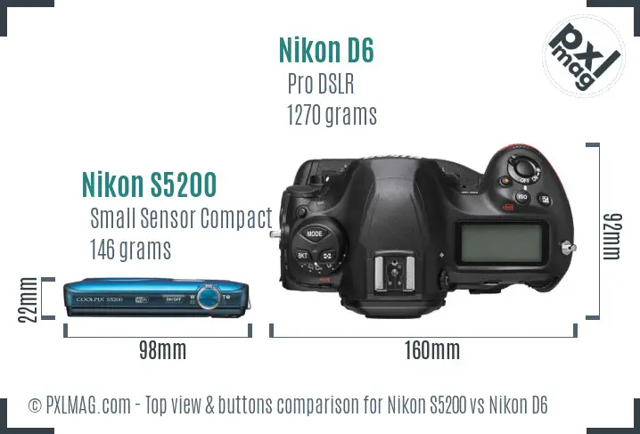 Nikon S5200 vs Nikon D6 top view buttons comparison