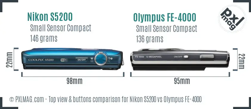 Nikon S5200 vs Olympus FE-4000 top view buttons comparison Nikon S5200 vs Olympus FE-4000 top view buttons comparison