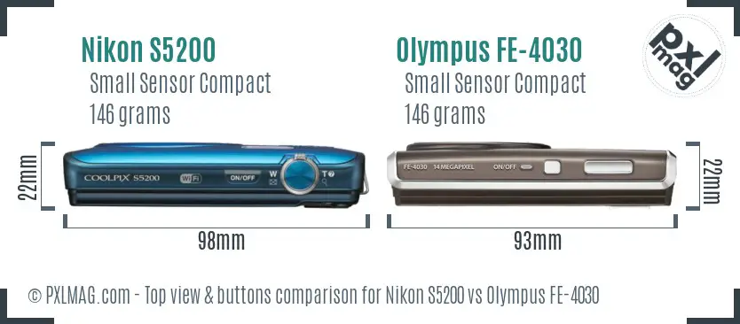 Nikon S5200 vs Olympus FE-4030 top view buttons comparison