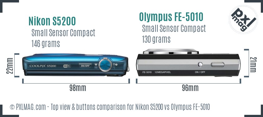 Nikon S5200 vs Olympus FE-5010 top view buttons comparison