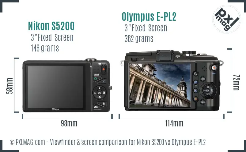 Nikon S5200 vs Olympus E-PL2 Screen and Viewfinder comparison