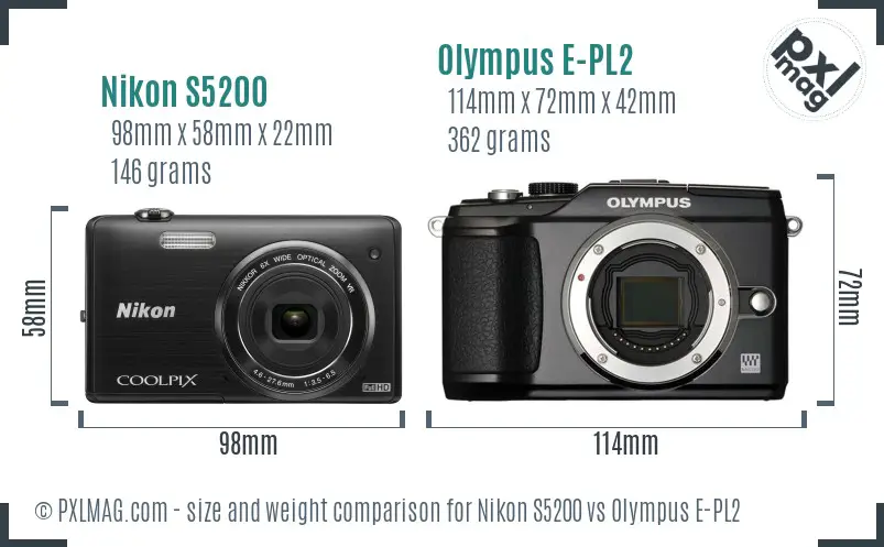 Nikon S5200 vs Olympus E-PL2 size comparison