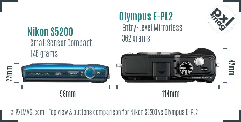 Nikon S5200 vs Olympus E-PL2 top view buttons comparison