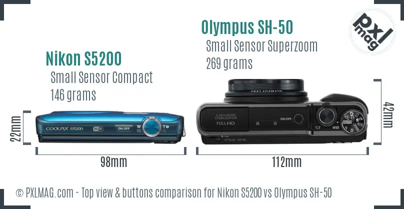 Nikon S5200 vs Olympus SH-50 top view buttons comparison
