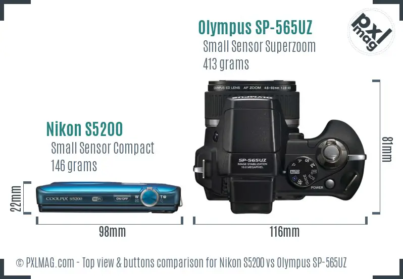 Nikon S5200 vs Olympus SP-565UZ top view buttons comparison Nikon S5200 vs Olympus SP-565UZ top view buttons comparison