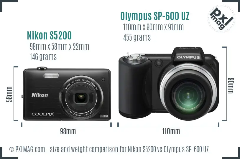 Nikon S5200 vs Olympus SP-600 UZ size comparison