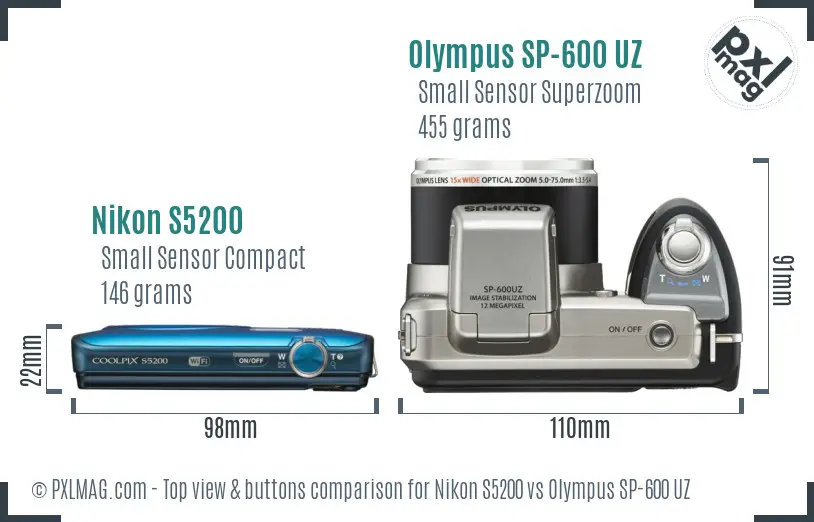 Nikon S5200 vs Olympus SP-600 UZ top view buttons comparison