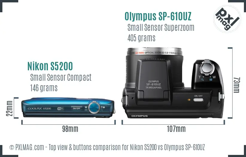 Nikon S5200 vs Olympus SP-610UZ top view buttons comparison