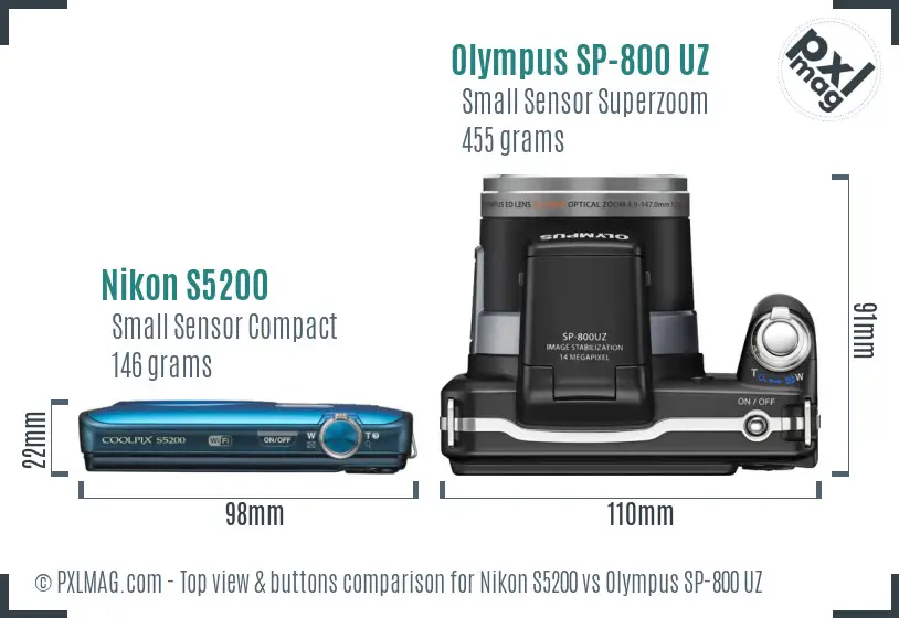 Nikon S5200 vs Olympus SP-800 UZ top view buttons comparison Nikon S5200 vs Olympus SP-800 UZ top view buttons comparison