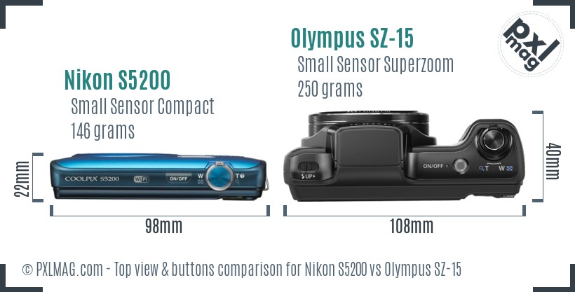 Nikon S5200 vs Olympus SZ-15 top view buttons comparison