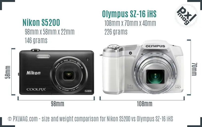 Nikon S5200 vs Olympus SZ-16 iHS size comparison Nikon S5200 vs Olympus SZ-16 iHS size comparison
