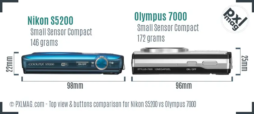 Nikon S5200 vs Olympus 7000 top view buttons comparison