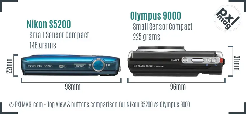 Nikon S5200 vs Olympus 9000 top view buttons comparison