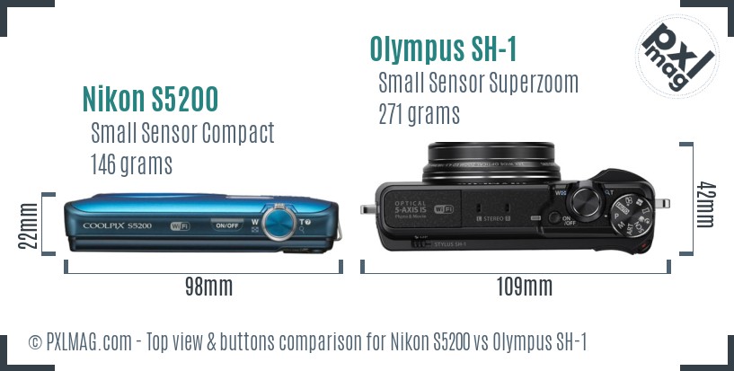 Nikon S5200 vs Olympus SH-1 top view buttons comparison