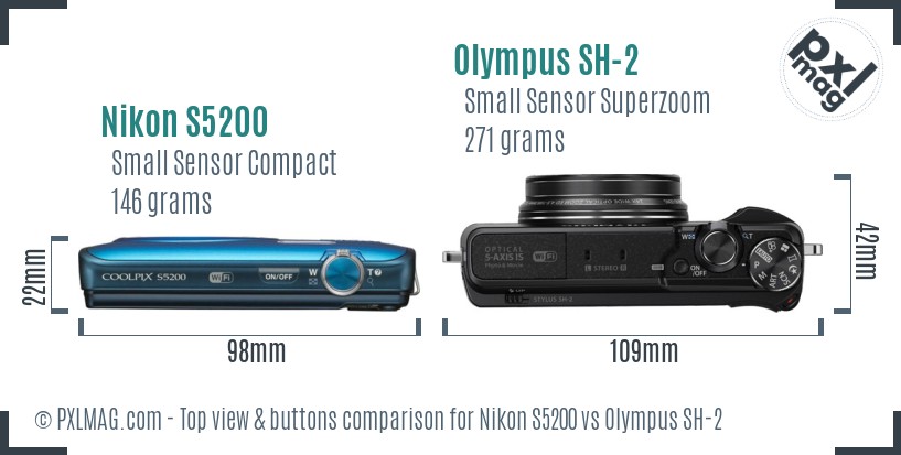 Nikon S5200 vs Olympus SH-2 top view buttons comparison