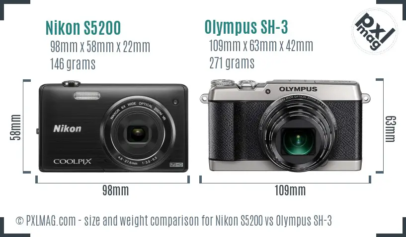 Nikon S5200 vs Olympus SH-3 size comparison