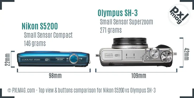 Nikon S5200 vs Olympus SH-3 top view buttons comparison