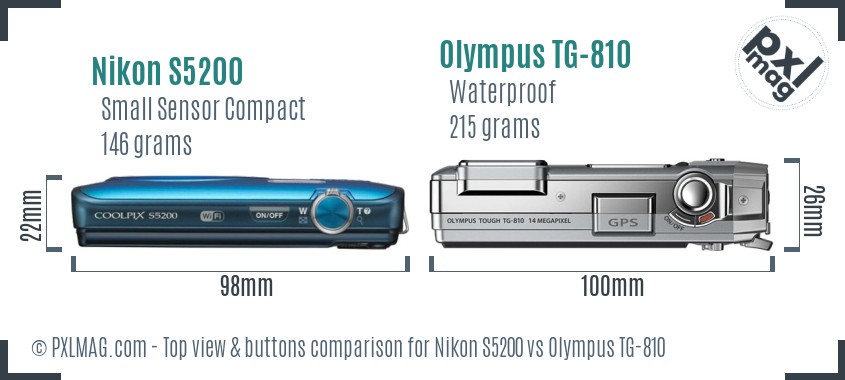Nikon S5200 vs Olympus TG-810 top view buttons comparison