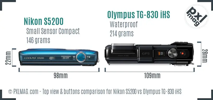 Nikon S5200 vs Olympus TG-830 iHS top view buttons comparison