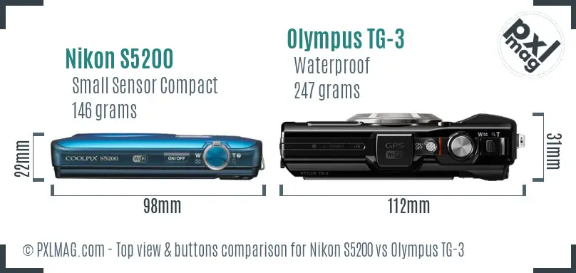 Nikon S5200 vs Olympus TG-3 top view buttons comparison