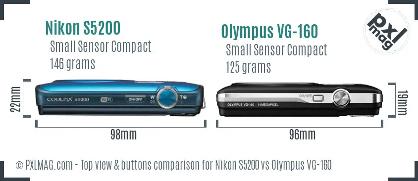 Nikon S5200 vs Olympus VG-160 top view buttons comparison