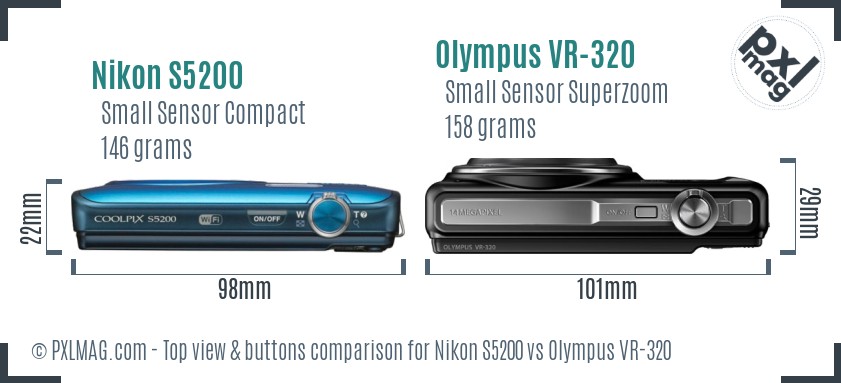 Nikon S5200 vs Olympus VR-320 top view buttons comparison