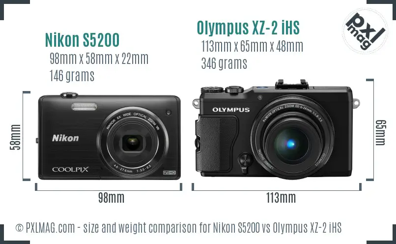 Nikon S5200 vs Olympus XZ-2 iHS size comparison