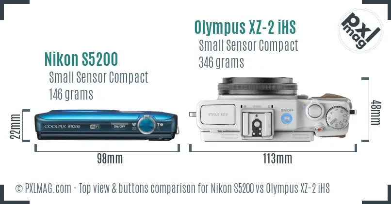 Nikon S5200 vs Olympus XZ-2 iHS top view buttons comparison